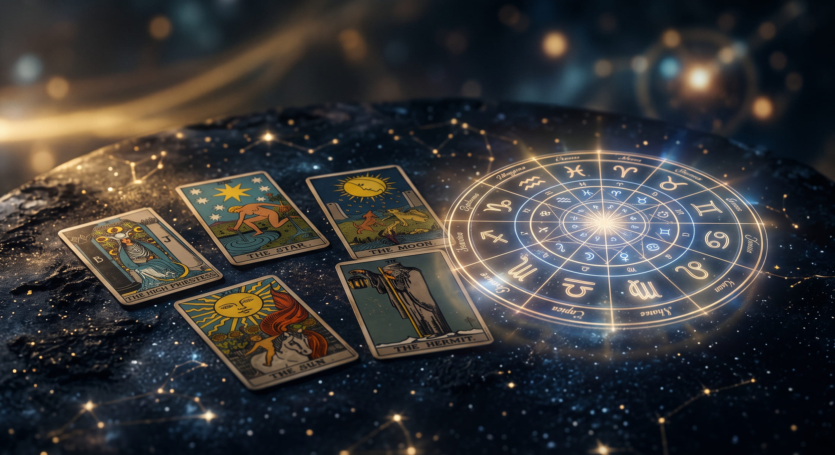 Traditional tarot cards beside a glowing digital astrology chart representing AI psychic readings and digital divination.